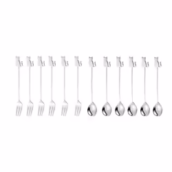 Stainless Steel Cat or Fish Fork and Spoon Set - 12pc Silver, sitting cat
