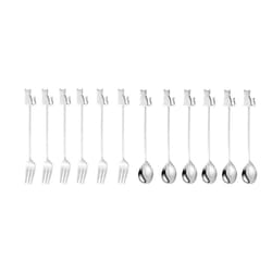 Stainless Steel Cat or Fish Fork and Spoon Set - 12pc Silver, sitting cat