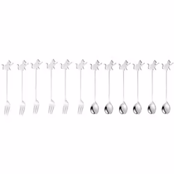 Stainless Steel Cat or Fish Fork and Spoon Set - 12pc Silver, Raised Paw Cat