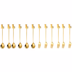 Stainless Steel Cat or Fish Fork and Spoon Set - 12pc Gold, sitting cat