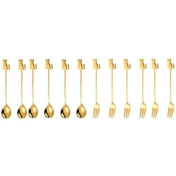Stainless Steel Cat or Fish Fork and Spoon Set - 12pc Gold, sitting cat