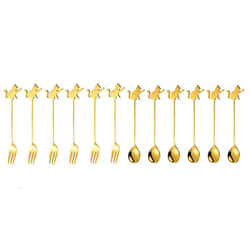 Stainless Steel Cat or Fish Fork and Spoon Set - 12pc Gold, Raised Paw Cat