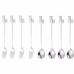 Stainless Steel Cat or Fish Fork and Spoon Set - 8pc Silver, sitting cat