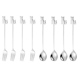 Stainless Steel Cat or Fish Fork and Spoon Set - 8pc Silver, sitting cat