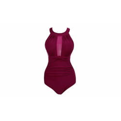 One-Piece Mesh-Neck Swimsuit - s, red