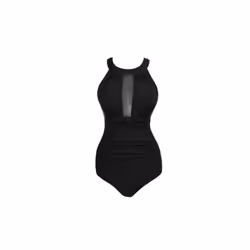 One-Piece Mesh-Neck Swimsuit - l, black