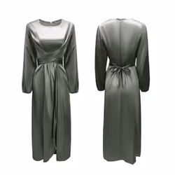 Satin Wrapped Long Sleeve Dress - green, L