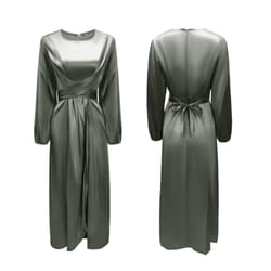 Satin Wrapped Long Sleeve Dress - green, L