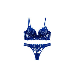 Women's Laced Lingerie Knickers and Bra Set - Blue, M