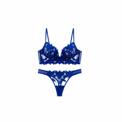 Women's Laced Lingerie Knickers and Bra Set - Blue, XL