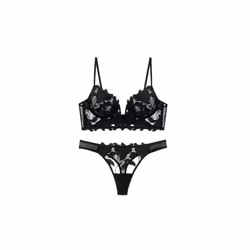 Women's Laced Lingerie Knickers and Bra Set - Black, S