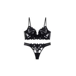Women's Laced Lingerie Knickers and Bra Set - Black, L