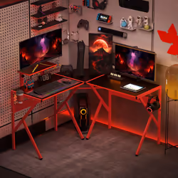 HOMCOM Corner Gaming Desk w/ Adjustable Monitor Stand Cup Holder Red