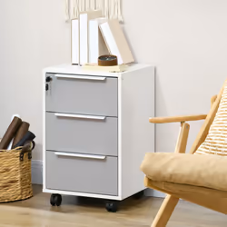 HOMCOM Modern 3-Drawer Locking File Cabinet Mobile Filing Cabinet Grey White