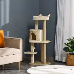 PawHut 4 Tiers 104cm Cat Tree w/ Scratching Posts Perches Hanging Ball, Cream