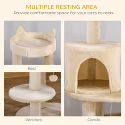 PawHut 4 Tiers 104cm Cat Tree w/ Scratching Posts Perches Hanging Ball, Cream