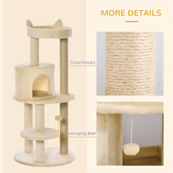 PawHut 4 Tiers 104cm Cat Tree w/ Scratching Posts Perches Hanging Ball, Cream