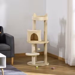 PawHut 4 Tiers 104cm Cat Tree w/ Scratching Posts Perches Hanging Ball, Cream - Additional view 6