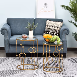 HOMCOM Set of 2 Gold Nesting Coffee Table, Side Tables W/ Tempered