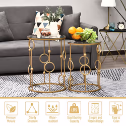 HOMCOM Set of 2 Gold Nesting Coffee Table, Side Tables W/ Tempered