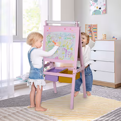 HOMCOM Kids Wooden Art Easel with Paper Roll Double-Sided Chalkboard, Whiteboard