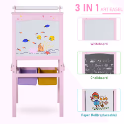HOMCOM Kids Wooden Art Easel with Paper Roll Double-Sided Chalkboard, Whiteboard