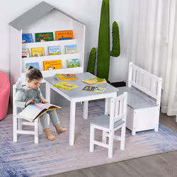 HOMCOM 4-Piece Set Kids Wood Table Chair Bench w/ Storage Function for 3 Years+