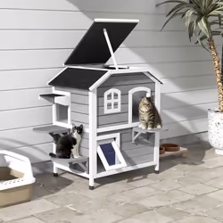 PawHut Wooden Cat House Cat Cave Pet Shelter Condos Outdoor Grey - Additional view 8