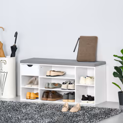 HOMCOM Shoe Storage Cabinet Bench w/ Cushion Adjustable Shelves White and Grey
