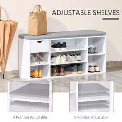 HOMCOM Shoe Storage Cabinet Bench w/ Cushion Adjustable Shelves White and Grey - Additional view 4