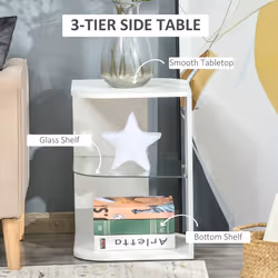 HOMCOM Modern Side Table Three Layer Bedside Table w/ Storage Shelves, White