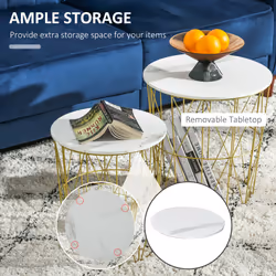 HOMCOM Set of 2 Nesting End Tables Side Tables w/ Basket Removable Top, White
