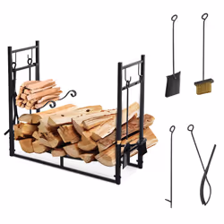 Outsunny Firewood Stand Log Rack Holder 84cm with 4-PC Fireplace Tools Set Black