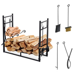 Outsunny Firewood Stand Log Rack Holder 84cm with 4-PC Fireplace Tools Set Black