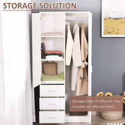 HOMCOM 2-Door Wardrobe w/ Adjustable Shelf 3 Drawers for Bedroom, 180cm, White
