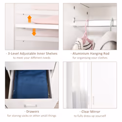 HOMCOM 2-Door Wardrobe w/ Adjustable Shelf 3 Drawers for Bedroom, 180cm, White