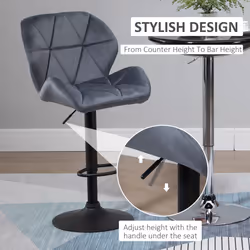 HOMCOM Bar Stool Set of 2 Fabric Adjustable Height Counter Chairs Dark Grey