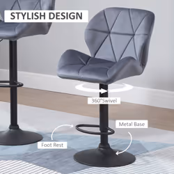 HOMCOM Bar Stool Set of 2 Fabric Adjustable Height Counter Chairs Dark Grey