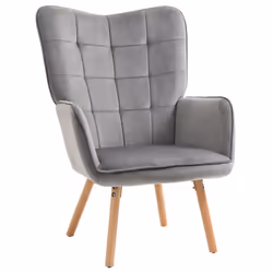 HOMCOM Modern Accent Chair Velvet-Touch Tufted Wingback Armchair Wood Legs Grey
