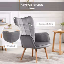 HOMCOM Modern Accent Chair Velvet-Touch Tufted Wingback Armchair Wood Legs Grey