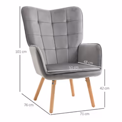 HOMCOM Modern Accent Chair Velvet-Touch Tufted Wingback Armchair Wood Legs Grey - Additional view 8