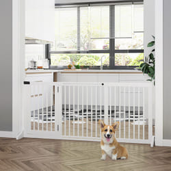 PawHut Wooden Freestanding Pet Gate Adjustable w/ Door Lock Safe Barrier White