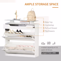 HOMCOM Shoe Cabinet w/ 3 Drawers High Gloss Storage Cupboard White
