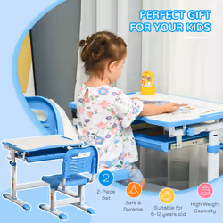 HOMCOM Kids Desk and Chair Set w/ Drawer, Pen Slot Hook - Blue