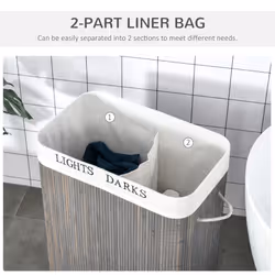 HOMCOM 2 Section Collapsible Laundry Hamper Lid Removable Lining, Grey - Additional view 5