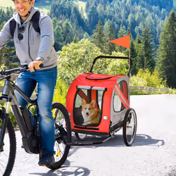 PawHut 2-In-1 Dog Bike Trailer Stroller w/ Universal Wheel Reflector Flag Red