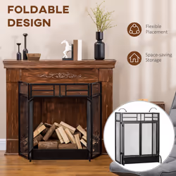 HOMCOM 3-Panel Folding Freestanding Fireplace Screen with Door Metal Mesh, Black