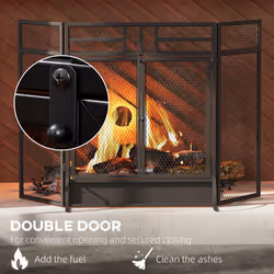 HOMCOM 3-Panel Folding Freestanding Fireplace Screen with Door Metal Mesh, Black
