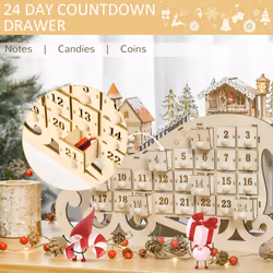 HOMCOM Christmas Advent Calendar Light Up Sleigh w/ Countdown Drawer, Village