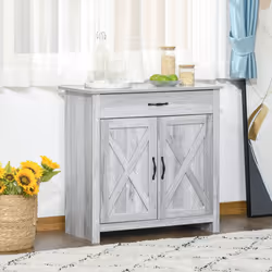 HOMCOM Farmhouse Barn Door Sideboard Accent Buffet Cabinet Coffee Bar Grey Grain